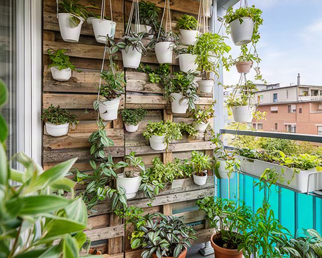 Balcón pequeño con jardín vertical de pallets, macetas auto-riego colgantes y plantas colgantes tipo tradescantia