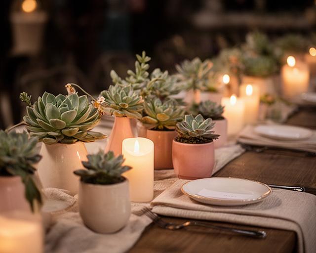 Mesa de evento íntimo con centros de mesa de suculentas en macetas pequeñas de cerámica y velas