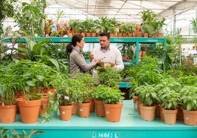 Interior del vivero con mesas de plantas, macetas organizadas por tamaño y cliente recibiendo asesoramiento personalizado