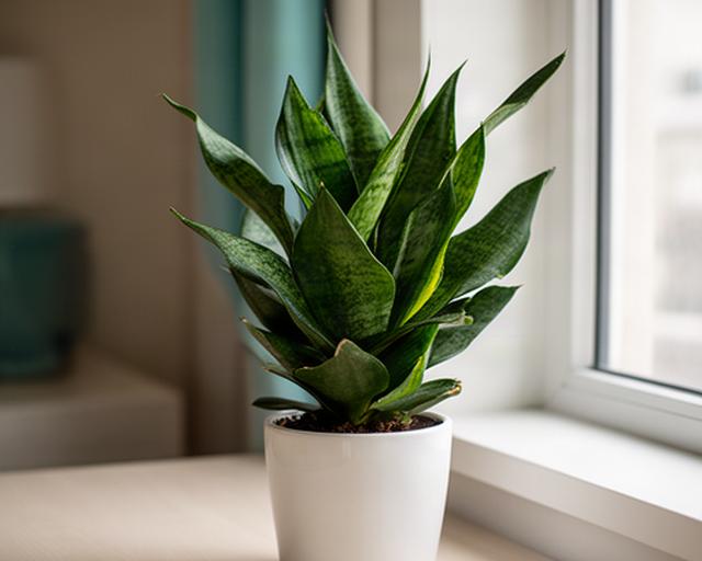 Sansevieria en maceta blanca sobre escritorio junto a ventana con luz indirecta en departamento moderno