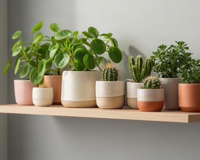 Colección de plantas compactas en repisa flotante: peperomia, pilea y cactus pequeños en macetas de cerámica