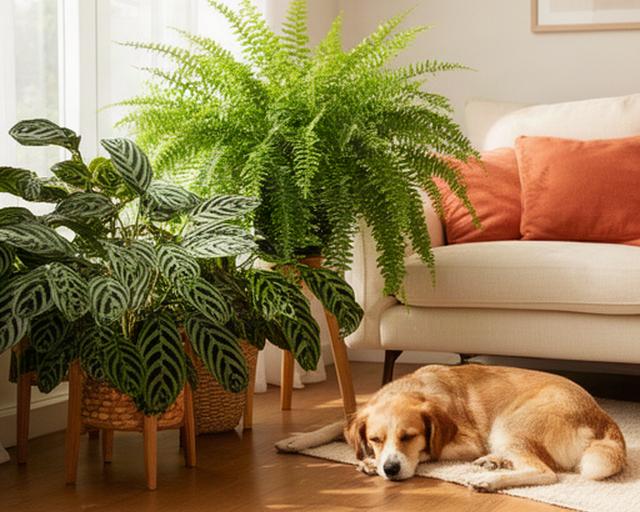 Helecho y calathea en living con perro descansando cerca mostrando plantas seguras para mascotas