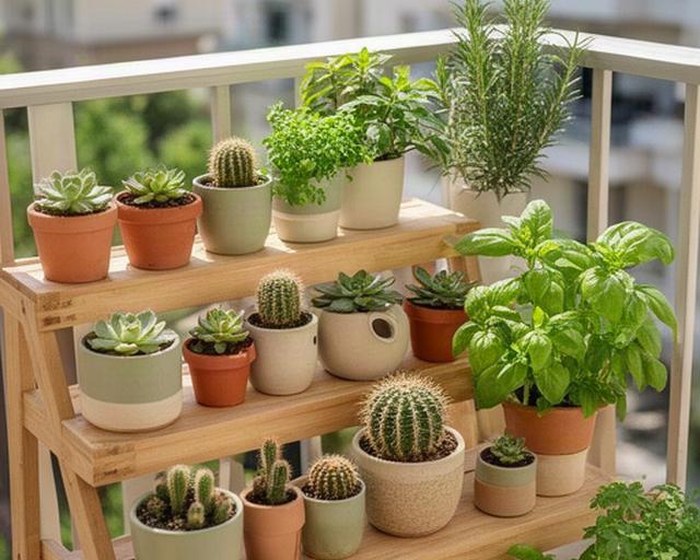 Repisa escalonada de madera con suculentas, cactus miniatura y aromáticas en macetas pequeñas sobre balcón