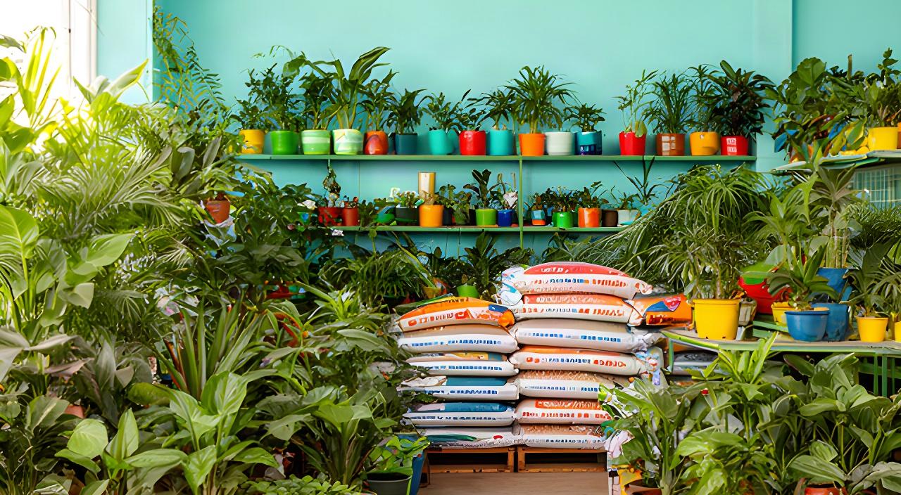 Vivero en Palpalá con variedad de plantas de interior y exterior, macetas coloridas y sustratos apilados bajo luz natural